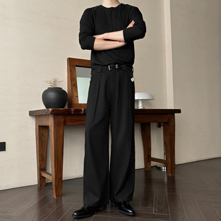 男 高品质三本针工艺压褶设计A字直筒宽松阔腿黑色西裤 LNED7 夏季