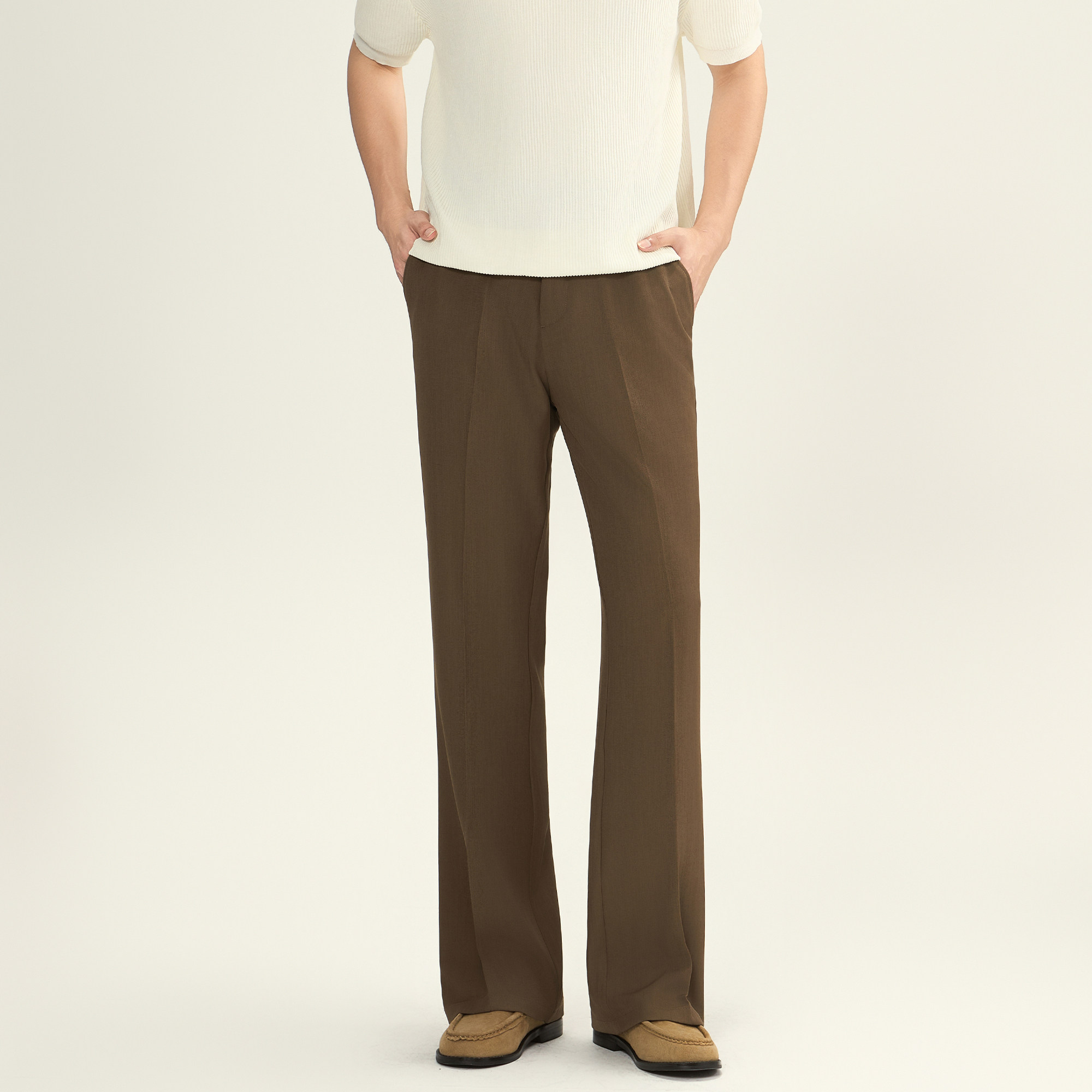 LNED7 春夏季高品质老钱棕色通勤百搭微喇西裤垂感休闲拖地西裤男