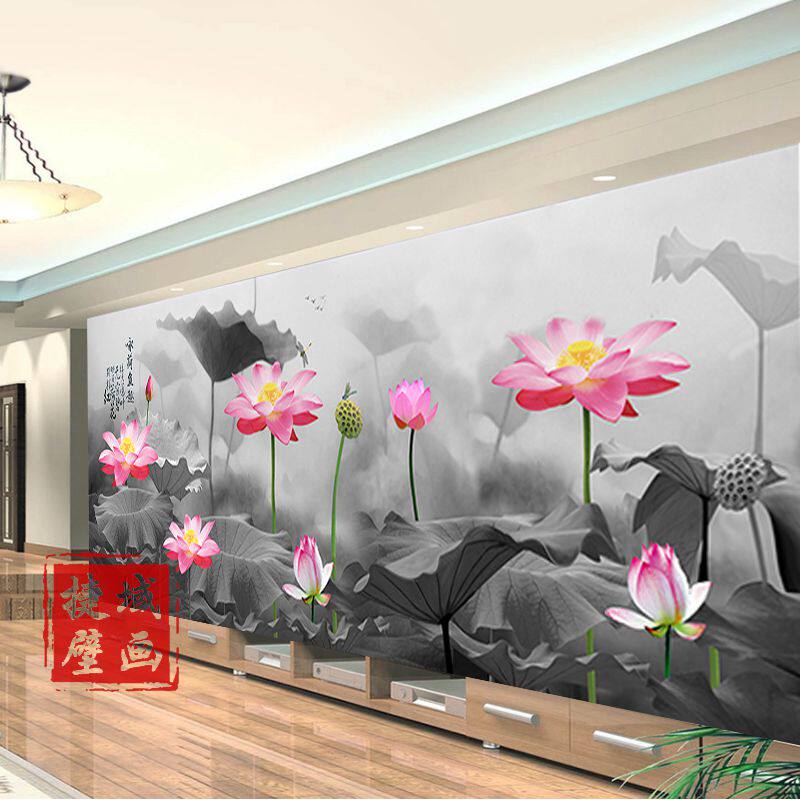 新中式荷花古典电视背景墙t纸禅意饭店壁纸养生馆寺庙黑白莲花壁