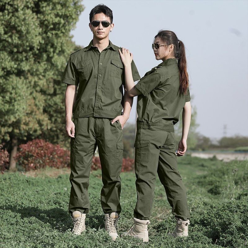 夏季户外薄款军绿色套装男女款短袖工作服耐磨耐脏劳保服