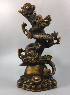 复古玩收藏祥云盘龙柱摆件铜器纯铜摆件黄铜五爪神龙盘龙进财旺财