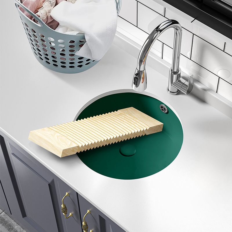 墨绿色带搓衣板圆形陶瓷嵌入式台下盆洗衣池洗碗池洗手洗衣盆