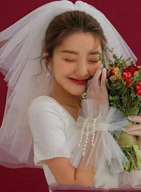 新款白色新娘头纱遮面多层短款韩式素纱婚纱影楼拍照头纱蓬蓬款