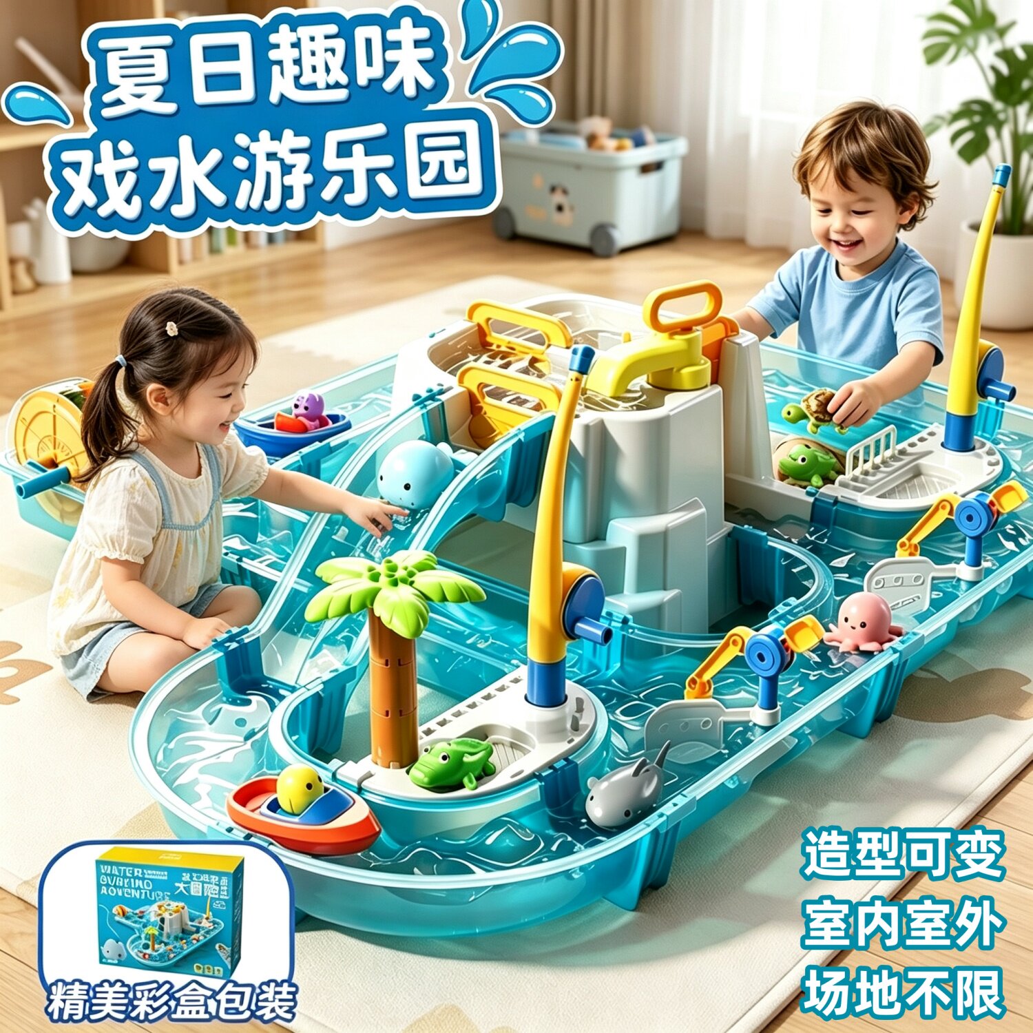 kaka儿童水上乐园宝宝玩水大冒险玩具模拟漂流钓鱼戏水桌生日礼物