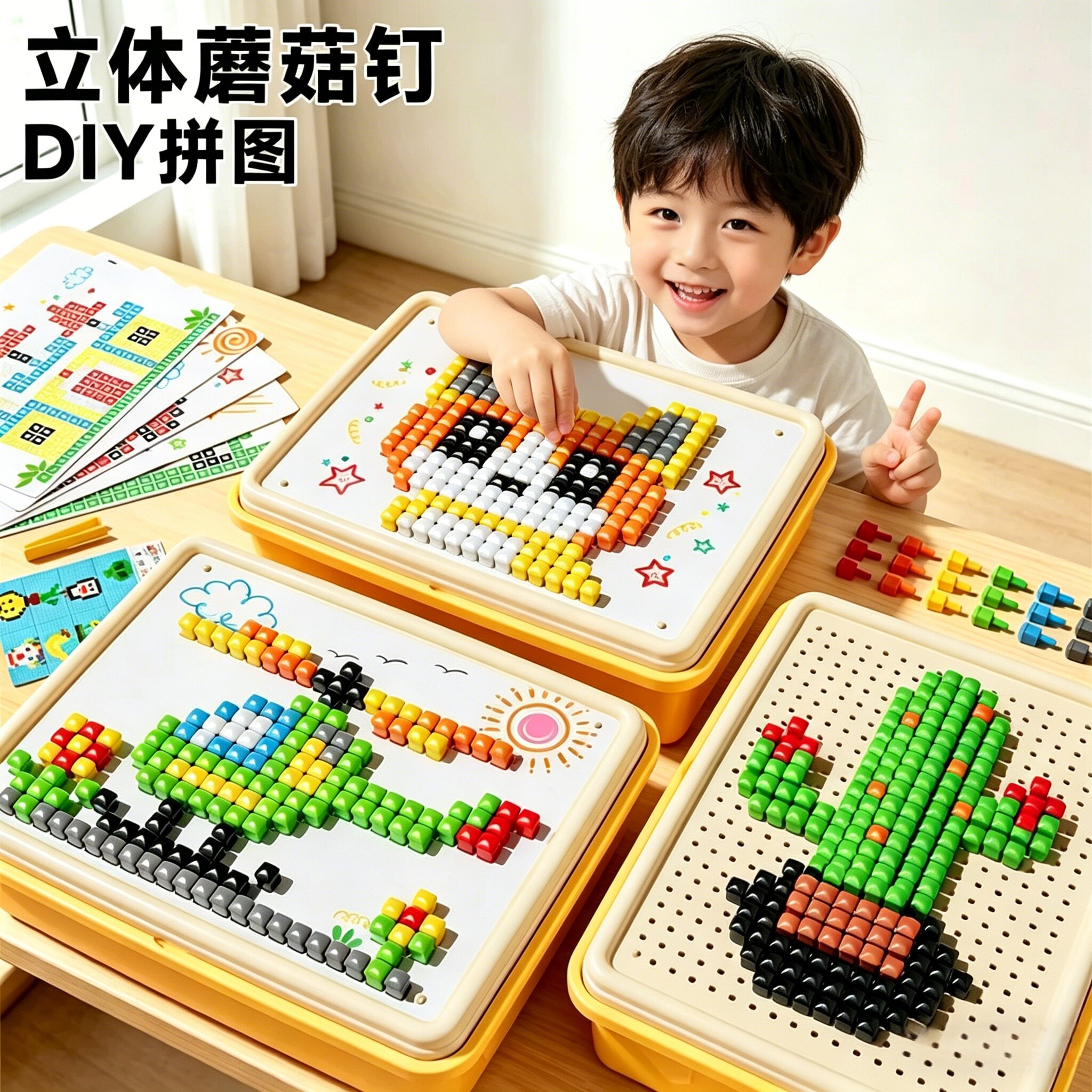 儿童手工蘑菇插钉拼图大颗粒积木构建师益智早教专注力玩具3到6岁