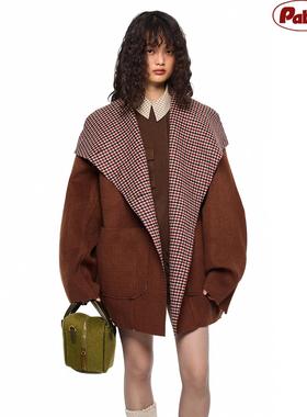 PABO笨狗格雷家大小姐超重工纯羊毛廓形双面呢大衣格纹两穿外套冬