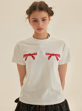 PABO笨狗韩系蝴蝶结刺绣可爱正肩显瘦短袖T恤百搭圆领双色短上衣