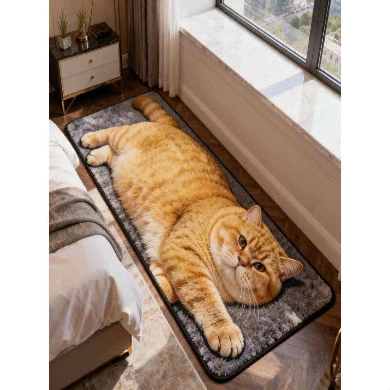 3D彷真胖猫咪长条卧室防滑脚垫可爱床前床边地水晶垫脚垫家用飘窗