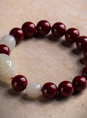 朱砂单圈手串DIY款搭配和田玉老