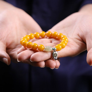 蜜蜡手串女款9mm单圈DIY款搭配和田玉琥珀鸡油黄玉石圆珠子手链