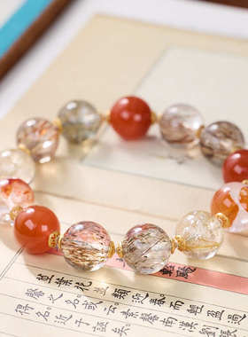 天然黑金超七水晶手链女红胶花金