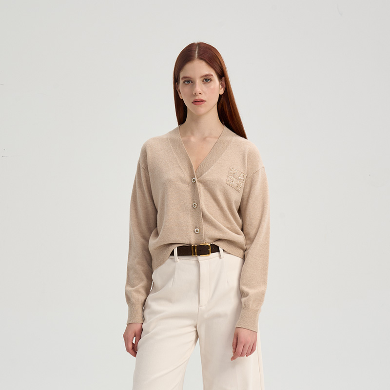 RARE威雅女装 2025秋季新款羊毛羊绒混纺针织外套卡其色V领毛开衫