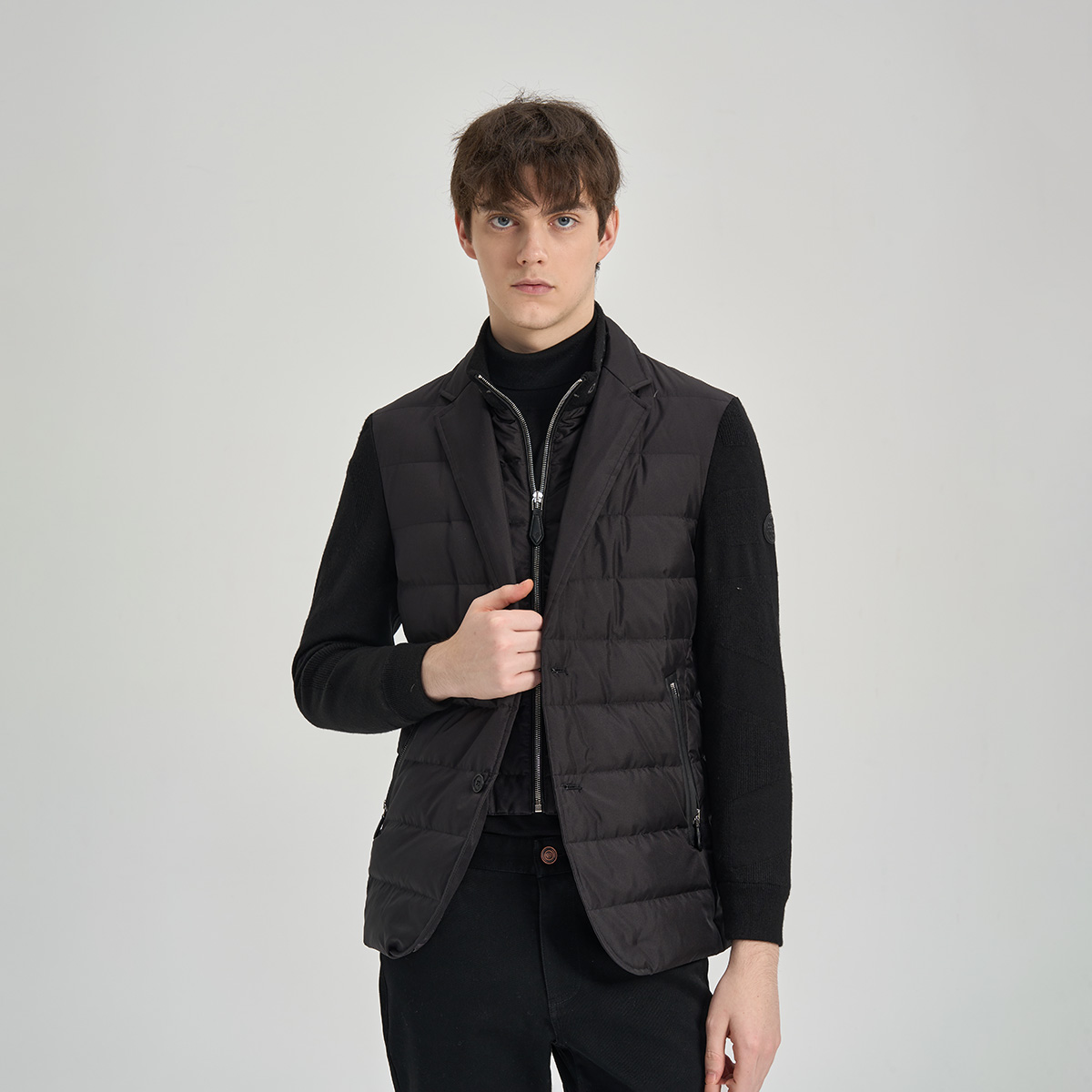 RARE威雅男装2025冬季新款可拆卸针织立领外套男士黑色鹅绒羽绒服