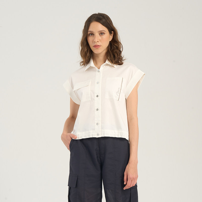 RARE威雅女装 夏季新款女士白色衬衣连肩袖工装短袖衬衫