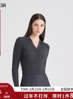 RARE威雅女装 秋冬新款Y字翻领炭灰色女士长袖羊毛衫RR2246241336