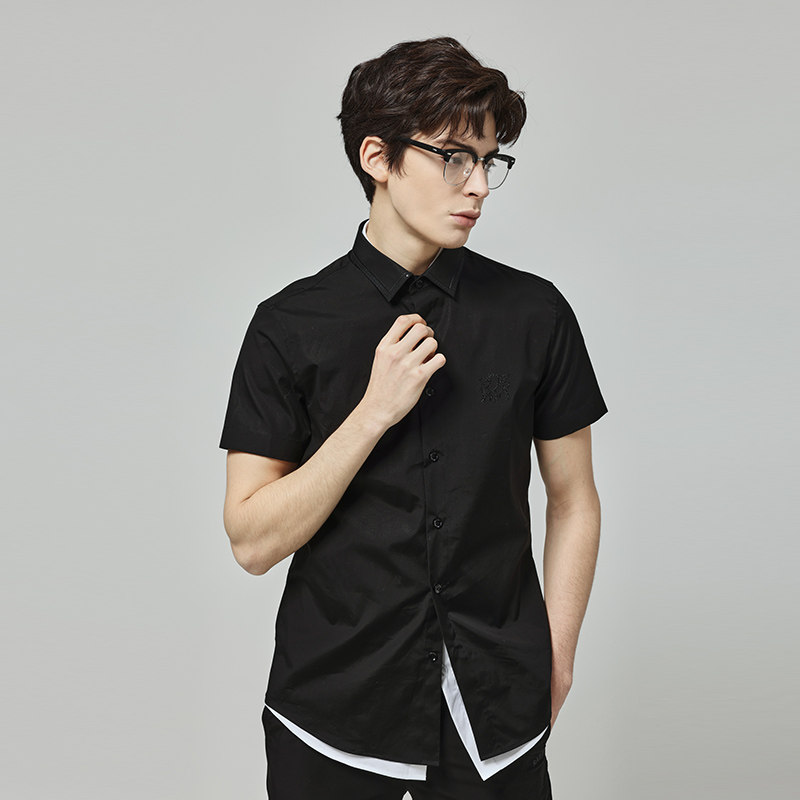 RARE威雅意大利男装 夏季新款黑色轻工艺款绣花烫钻短袖衬衫