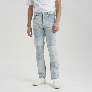 子浅蓝色水洗牛仔裤 RARE威雅男裤 提花男裤 方块满版 春夏新款