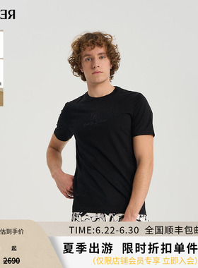 RARE威雅男装夏季新款 字母飞狮组合图工艺款黑色圆领短袖T恤