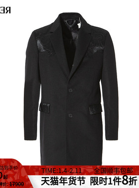 RARE威雅男装 秋冬新款男士外套黑色拼接绣中长款时尚西装领大衣