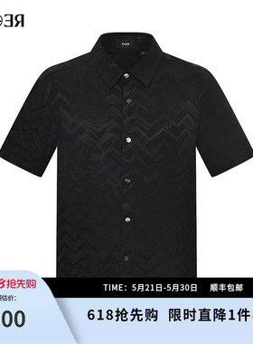 RARE威雅男装夏季新款 抖抖动提花男士黑色宽松休闲短袖衬衫