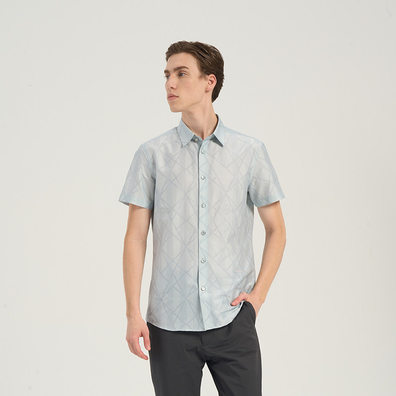RARE威雅男装 夏季新款灰绿色几何色块丝棉混纺男士短袖衬衫