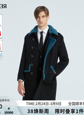 RARE威雅男装 秋冬新款宽松落肩黑色羊羔毛翻领长款男士大衣