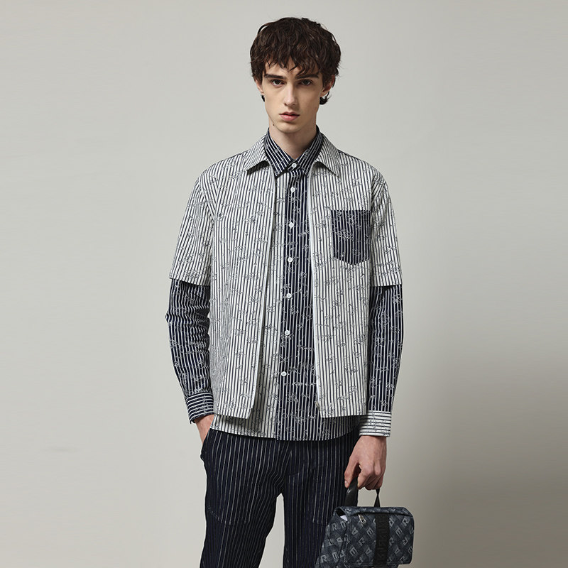 RARE威雅男装夏季新款潮流版蓝白趣味图案拉链短袖衬衫