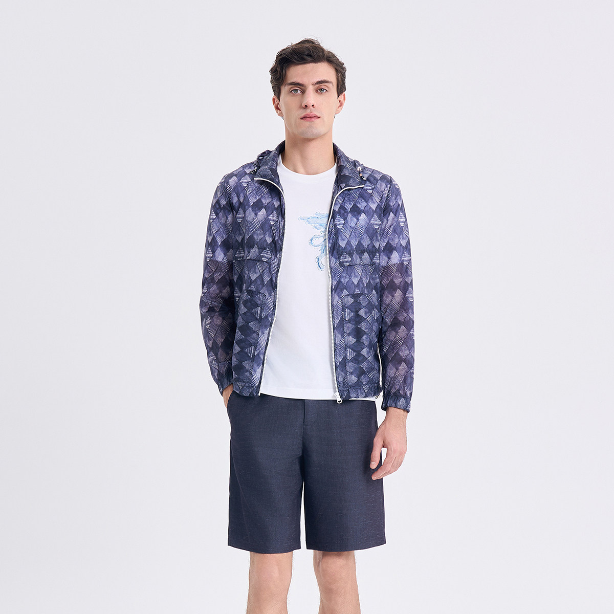 RARE威雅男装2026夏季新款轻薄连帽外套牛仔蓝色菱形几何印花夹克