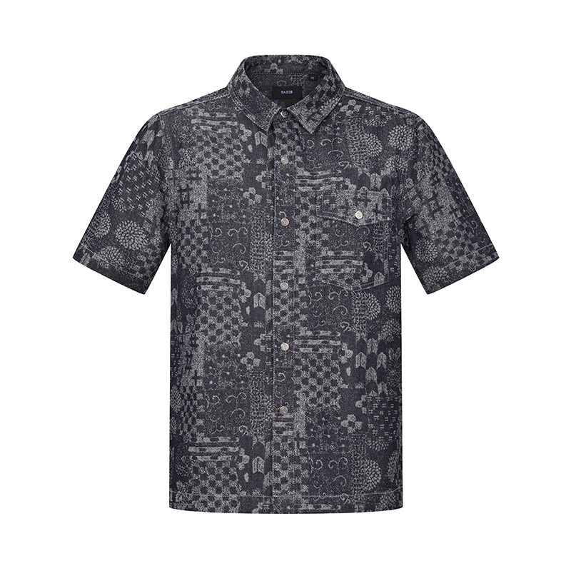 RARE威雅男装夏季新款提花牛仔套装男士宽松休闲牛仔短袖衬衫