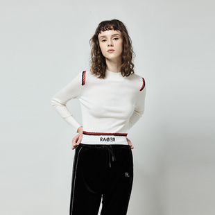 RARE威雅意大利女装白色半高领长袖短款镂空字母刺绣针织毛衫