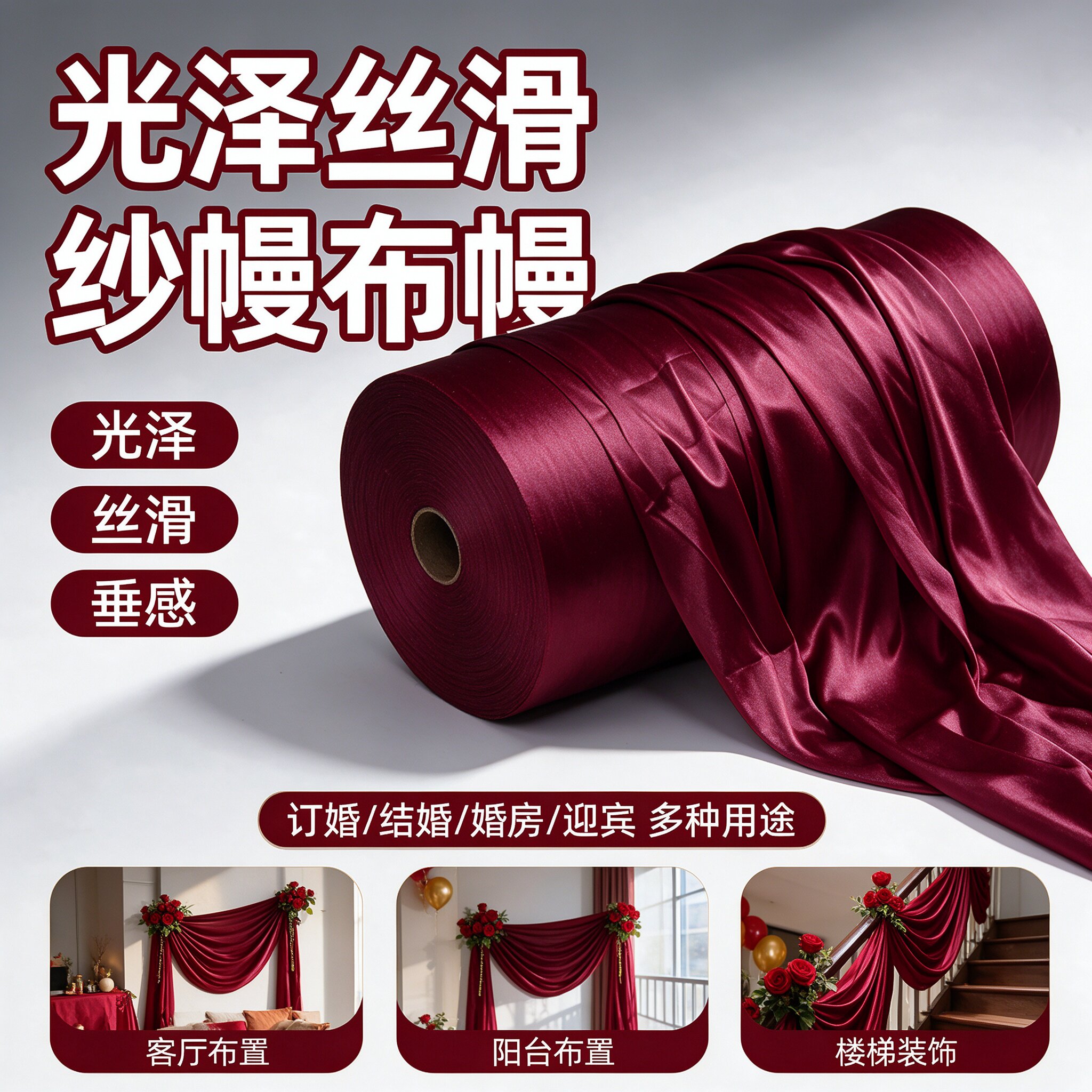 吊顶纱幔订婚背景套装用品婚礼布置韩式舞台迎宾红色喜庆红绸布