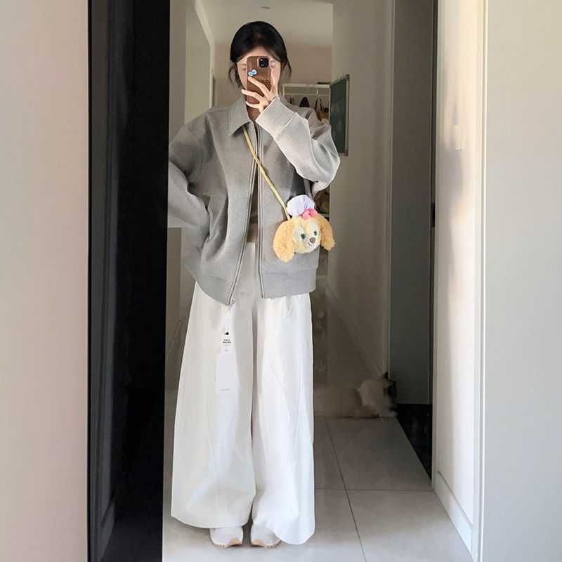 灰色翻领卫衣外套女款春秋季2025新款韩系宽松棒球服独特休闲 上