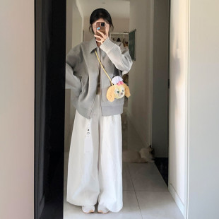 灰色翻领卫衣外套女款春秋季2025新款韩系宽松棒球服独特休闲 上