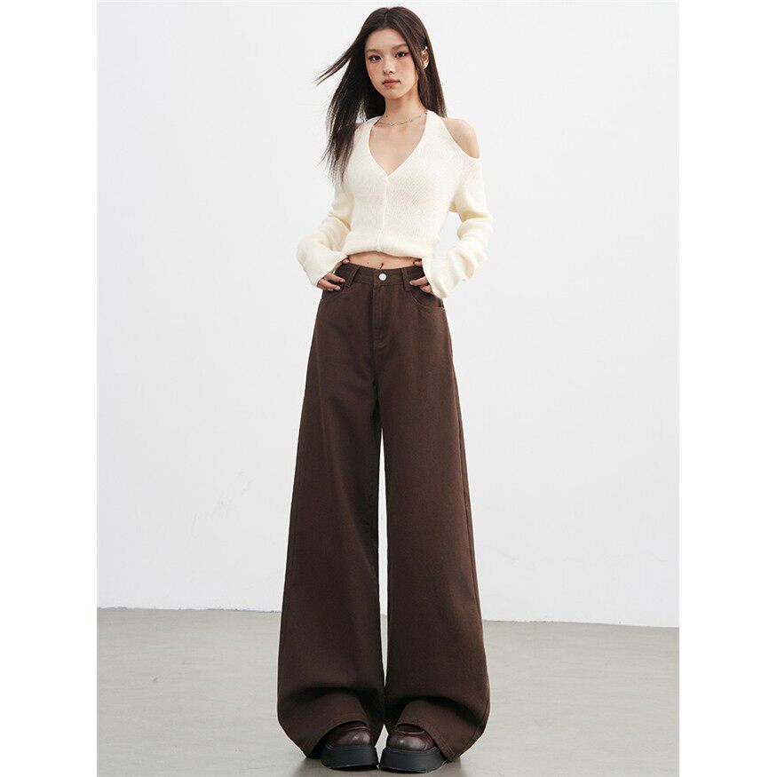 高级垂感咖色阔腿牛仔裤女秋冬2025新款高腰宽松高个子直筒裤