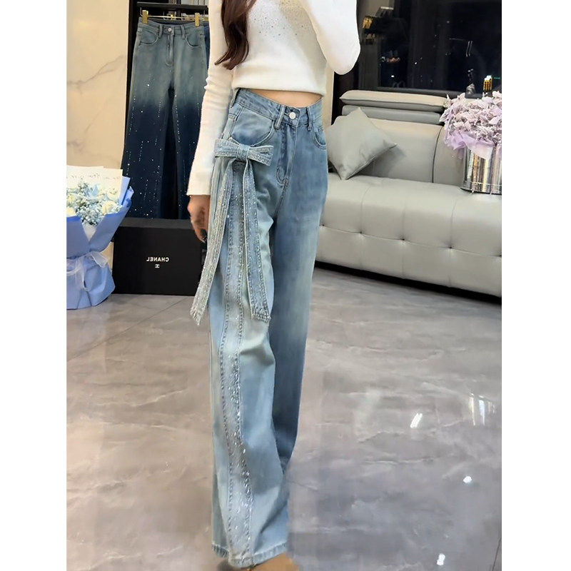 美式设计感蝴蝶结碎钻牛仔裤女2026春季新款大码直筒阔腿拖地裤
