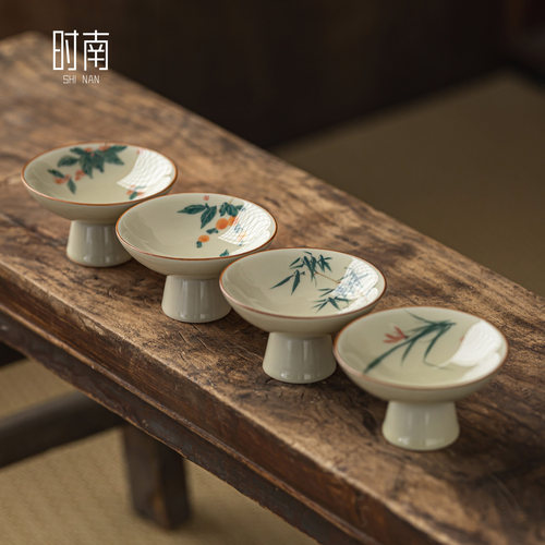 中式草木灰手绘高脚果盘小精致陶瓷茶点点心盘家用茶几干果零食盘
