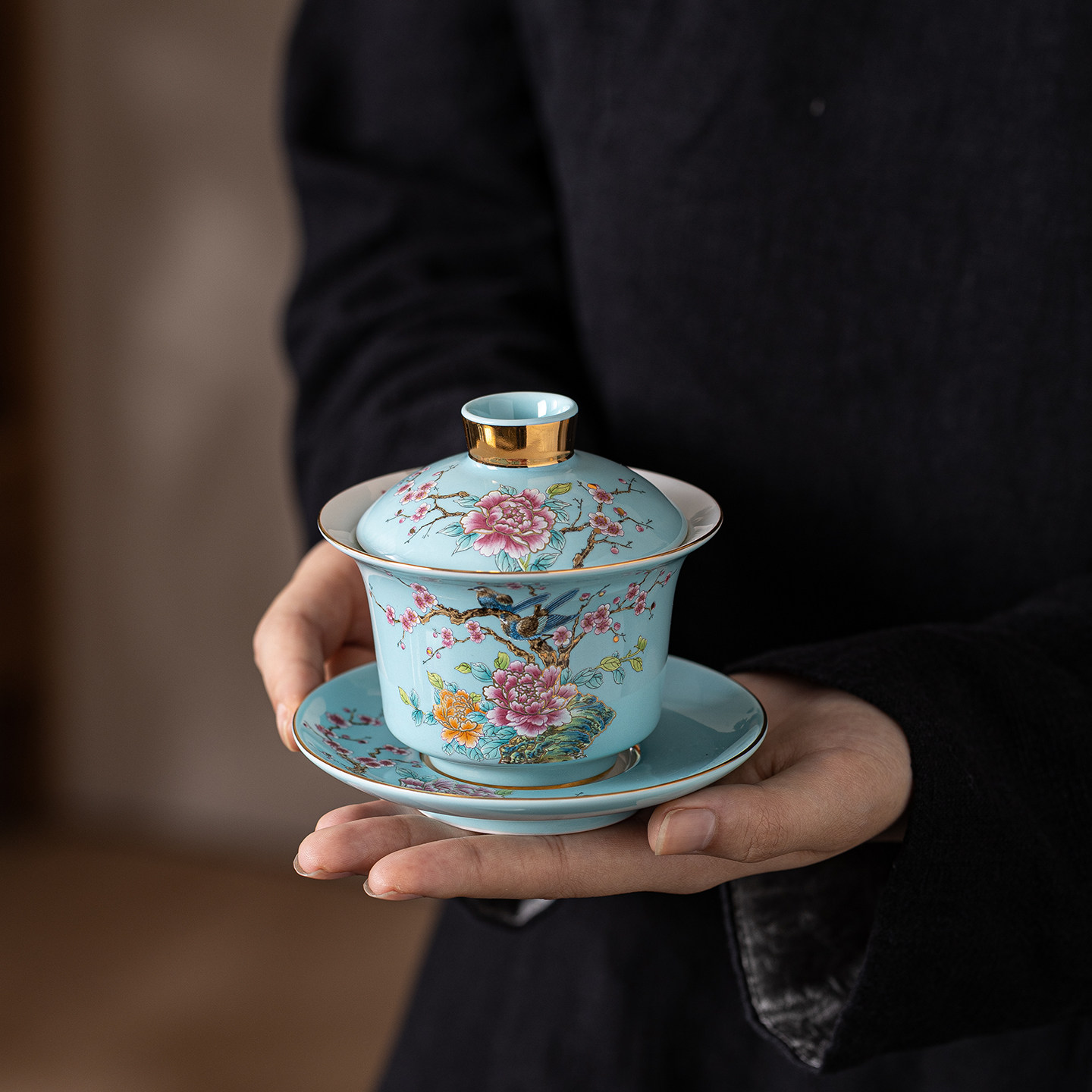 可悬停旋转三才泡茶盖碗家用敬茶