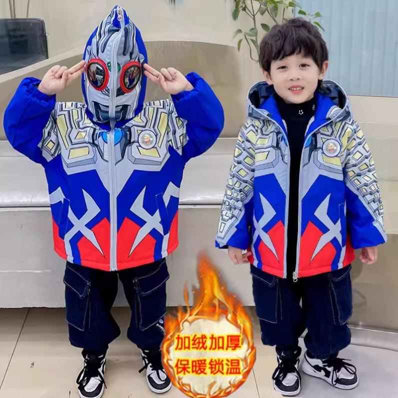 男童迪迦赛罗奥特曼棉衣儿童羽绒服加绒加厚冬款儿童发光连帽衣服