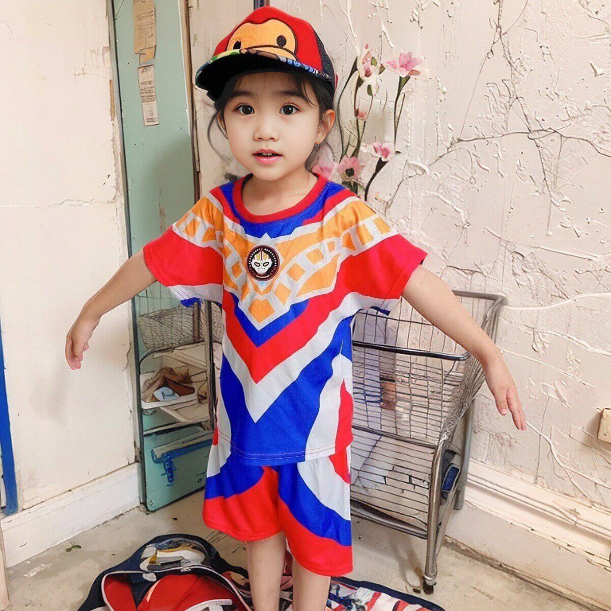 女童带灯奥特曼衣服男童夏季短袖套装女孩薄款赛罗迪迦洋气卡通装