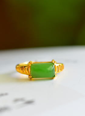 s925银镶嵌新疆和田玉碧玉方形时尚男女款玉戒指简约指环饰品