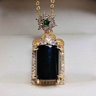 天然冰种黑玉髓镶嵌平安无事牌吊坠挂件时尚女款玛瑙玉坠玉石项链