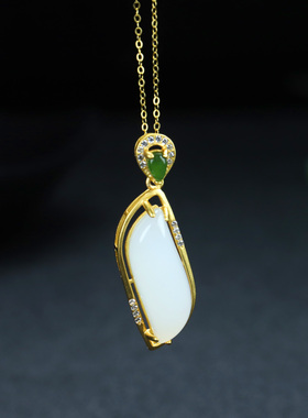 S925银和田玉羊脂白玉柳叶玉石吊坠挂件时尚气质女款玉坠项链