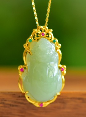 S925银和田玉且末蓝貔貅玉石吊坠时尚气质女款玉坠项链挂件