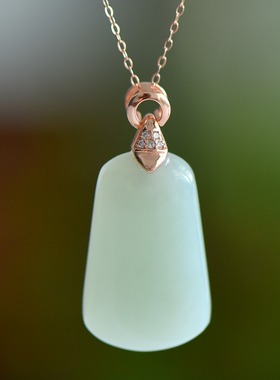 S925银镶和田玉白玉T牌无事牌玉石吊坠挂件时尚气质玉坠项链