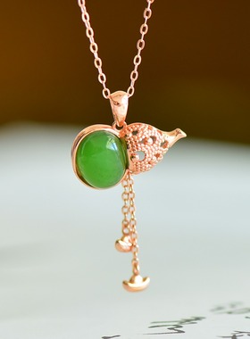 S925银镶和田玉碧玉菠菜绿福禄流苏玉石吊坠时尚简约项链挂件