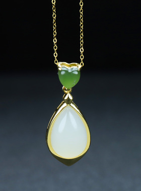 S925银和田玉羊脂白玉水滴玉石吊坠挂件时尚气质女款玉坠项链