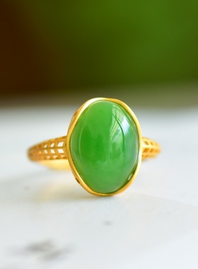 s925银镶嵌新疆和田玉碧玉菠菜绿蛋面戒指简约女指环戒圈饰品