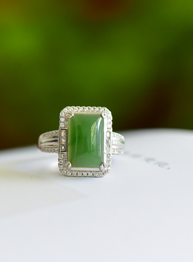 s925银镶嵌新疆和田玉碧玉方形戒指简约时尚女款指环百搭饰品