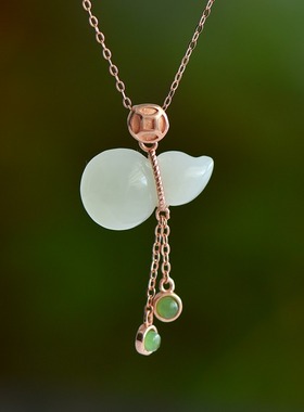 S925银和田玉白玉金钱葫芦玉石吊坠挂件时尚气质福禄玉坠项链