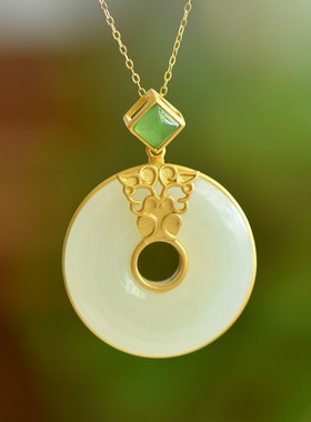 S925银镶新疆和田玉羊脂白玉平安扣玉石吊坠挂件时尚玉坠项链